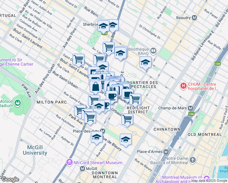 map of restaurants, bars, coffee shops, grocery stores, and more near 2025 Boulevard Saint-Laurent in Montréal