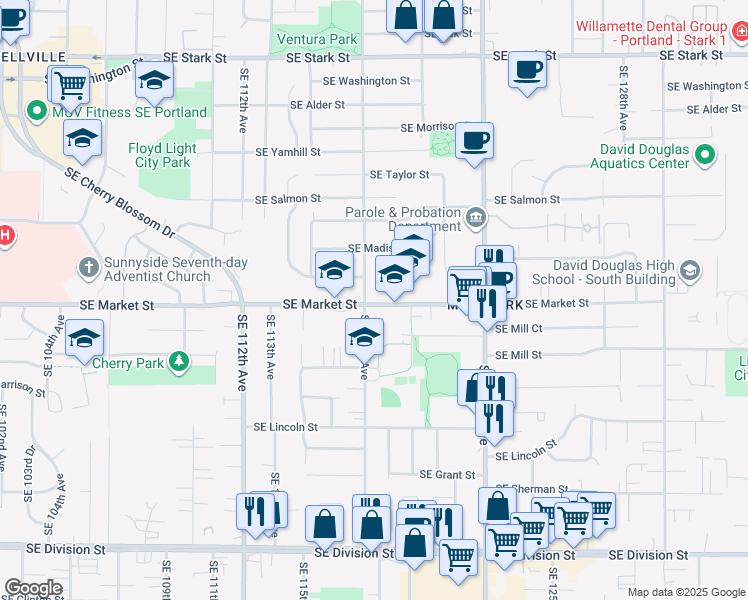 map of restaurants, bars, coffee shops, grocery stores, and more near 11705 Southeast Market Street in Portland
