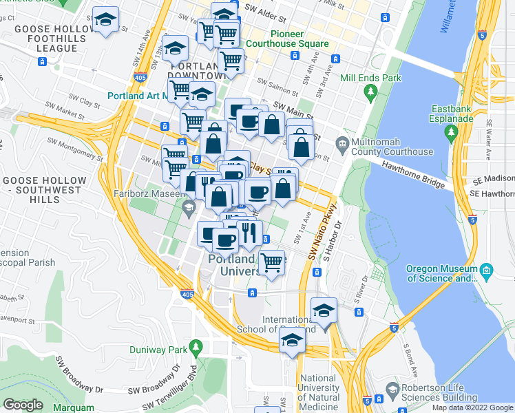 map of restaurants, bars, coffee shops, grocery stores, and more near 1725-1799 Southwest 4th Avenue in Portland