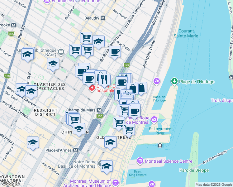 map of restaurants, bars, coffee shops, grocery stores, and more near 450 Rue Saint-Antoine Est in Montréal