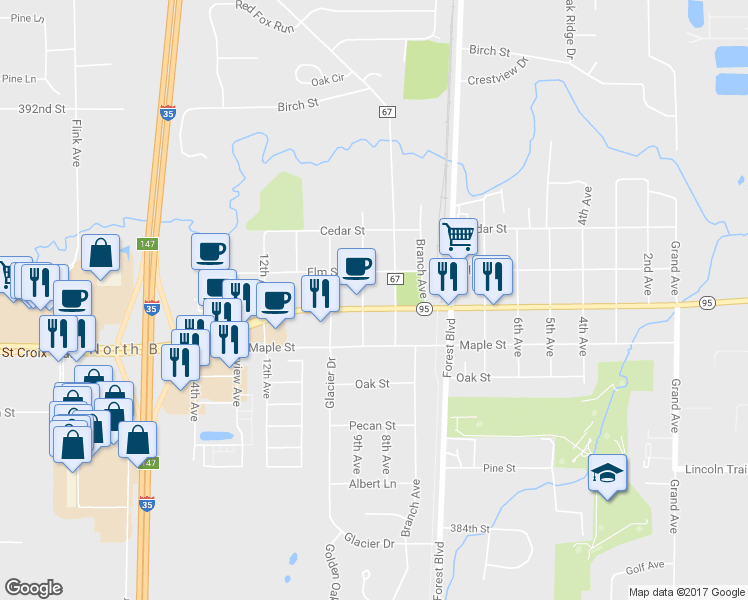 map of restaurants, bars, coffee shops, grocery stores, and more near 6162 Main Street in North Branch