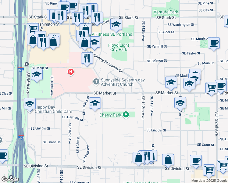 map of restaurants, bars, coffee shops, grocery stores, and more near 10844 Southeast Market Street in Portland