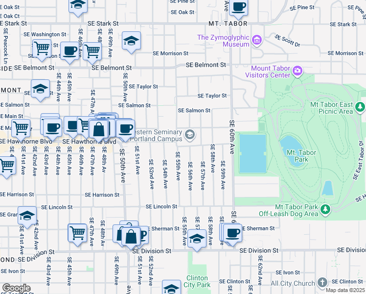 map of restaurants, bars, coffee shops, grocery stores, and more near 5616 Southeast Hawthorne Boulevard in Portland