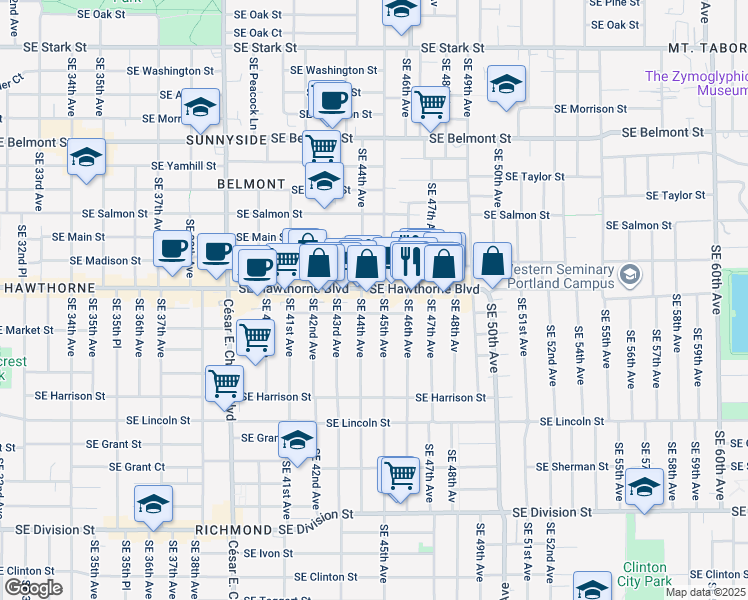 map of restaurants, bars, coffee shops, grocery stores, and more near 1532 Southeast 45th Avenue in Portland