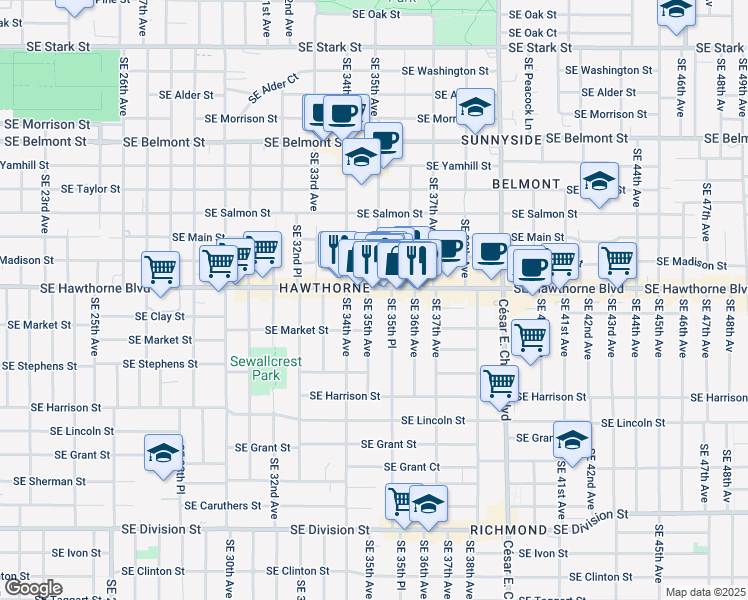 map of restaurants, bars, coffee shops, grocery stores, and more near in Portland