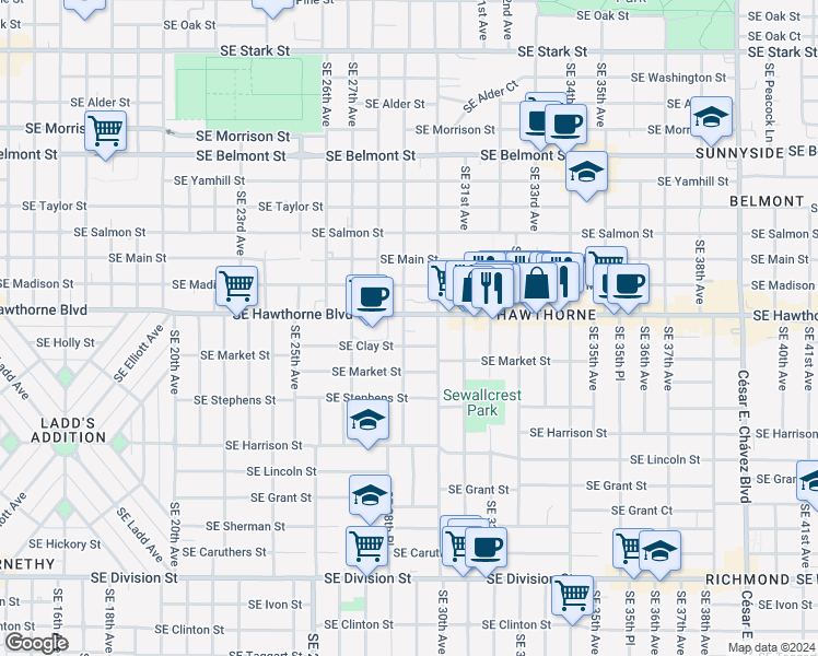 map of restaurants, bars, coffee shops, grocery stores, and more near in Portland