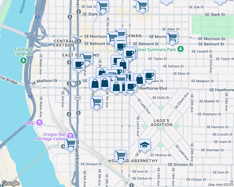 map of restaurants, bars, coffee shops, grocery stores, and more near 1601 Southeast 11th Avenue in Portland