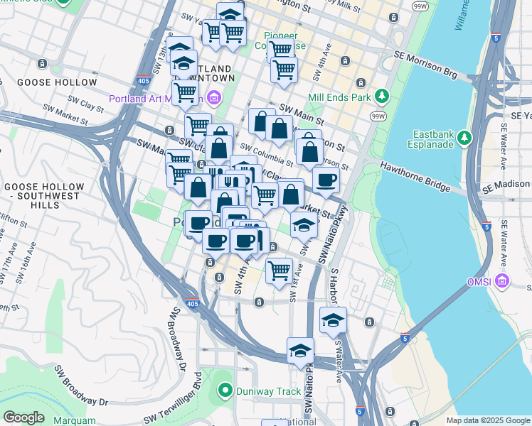 map of restaurants, bars, coffee shops, grocery stores, and more near in Portland