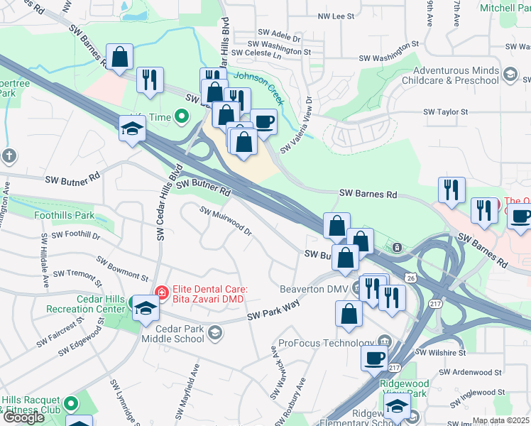 map of restaurants, bars, coffee shops, grocery stores, and more near 10855 Southwest Butner Road in Portland