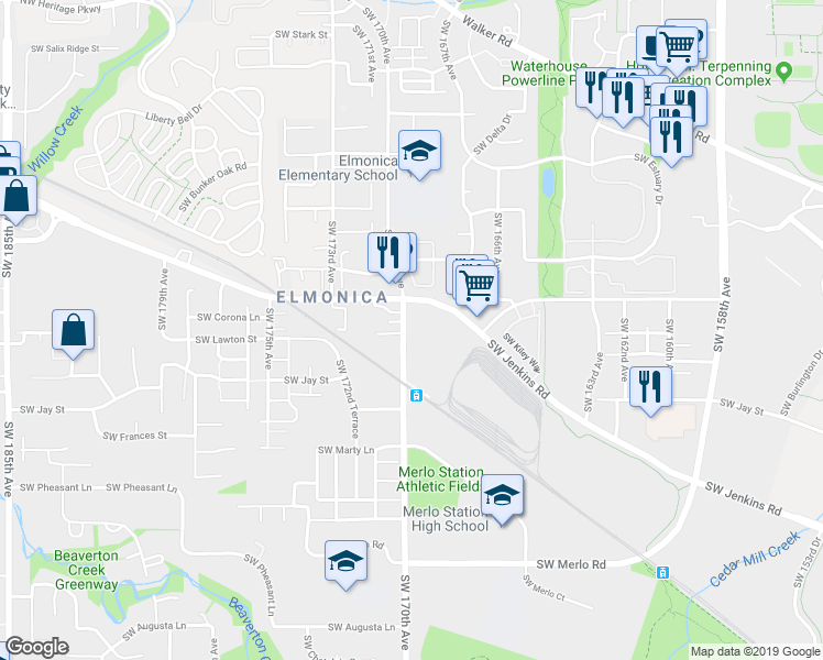 map of restaurants, bars, coffee shops, grocery stores, and more near 1010 Southwest 170th Avenue in Beaverton