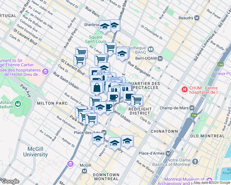 map of restaurants, bars, coffee shops, grocery stores, and more near 2025 Boulevard Saint-Laurent in Montréal