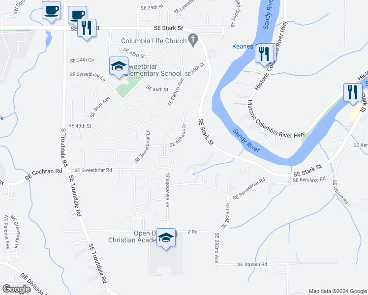 map of restaurants, bars, coffee shops, grocery stores, and more near 4215 Southeast Althaus Circle in Troutdale
