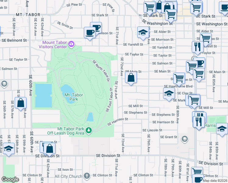 map of restaurants, bars, coffee shops, grocery stores, and more near 1543 Southeast 71st Avenue in Portland