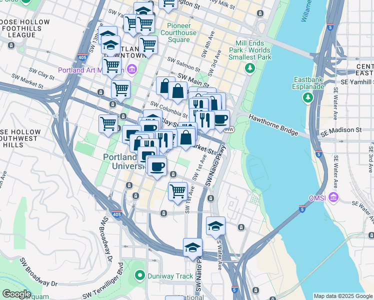 map of restaurants, bars, coffee shops, grocery stores, and more near 200 Southwest Market Street in Portland