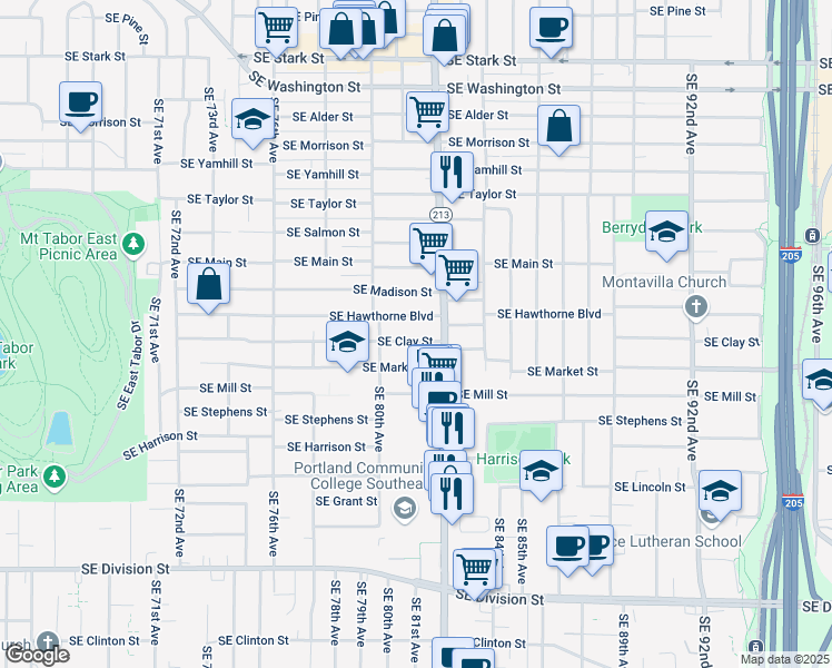 map of restaurants, bars, coffee shops, grocery stores, and more near 8103 Southeast Clay Street in Portland