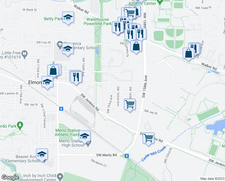 map of restaurants, bars, coffee shops, grocery stores, and more near 16275 Southwest Mason Lane in Beaverton