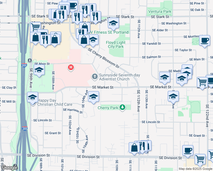 map of restaurants, bars, coffee shops, grocery stores, and more near 1614 Southeast 107th Avenue in Portland