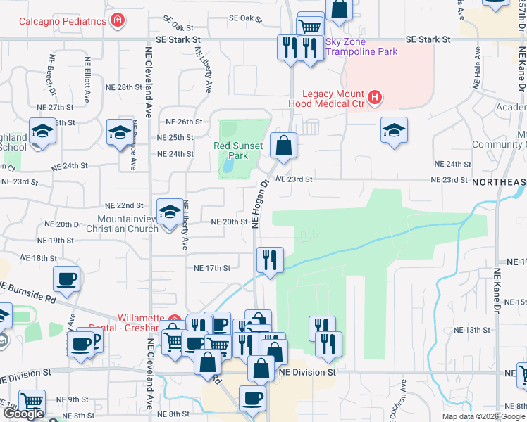 map of restaurants, bars, coffee shops, grocery stores, and more near 2064 Northeast Hogan Drive in Gresham