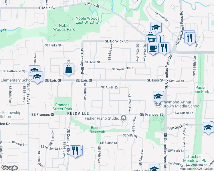 map of restaurants, bars, coffee shops, grocery stores, and more near 6789 Southeast Austin Drive in Hillsboro