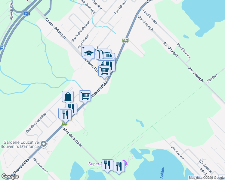map of restaurants, bars, coffee shops, grocery stores, and more near 3784 Chemin d'Oka in Saint-Joseph-du-Lac