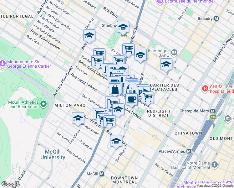map of restaurants, bars, coffee shops, grocery stores, and more near 58 Rue Sherbrooke Ouest in Montréal