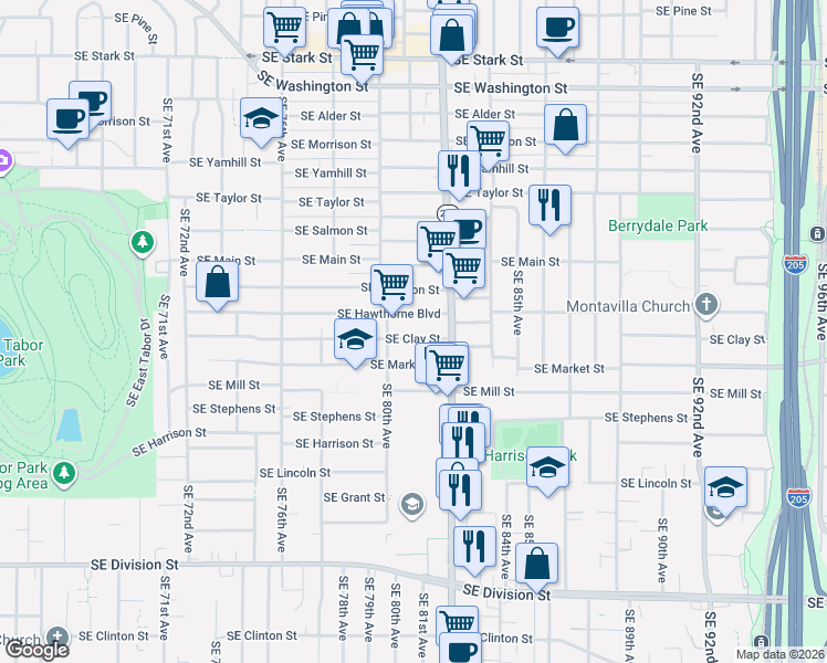 map of restaurants, bars, coffee shops, grocery stores, and more near 8047 Southeast Clay Street in Portland