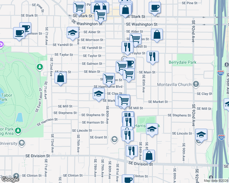 map of restaurants, bars, coffee shops, grocery stores, and more near 8047 Southeast Clay Street in Portland