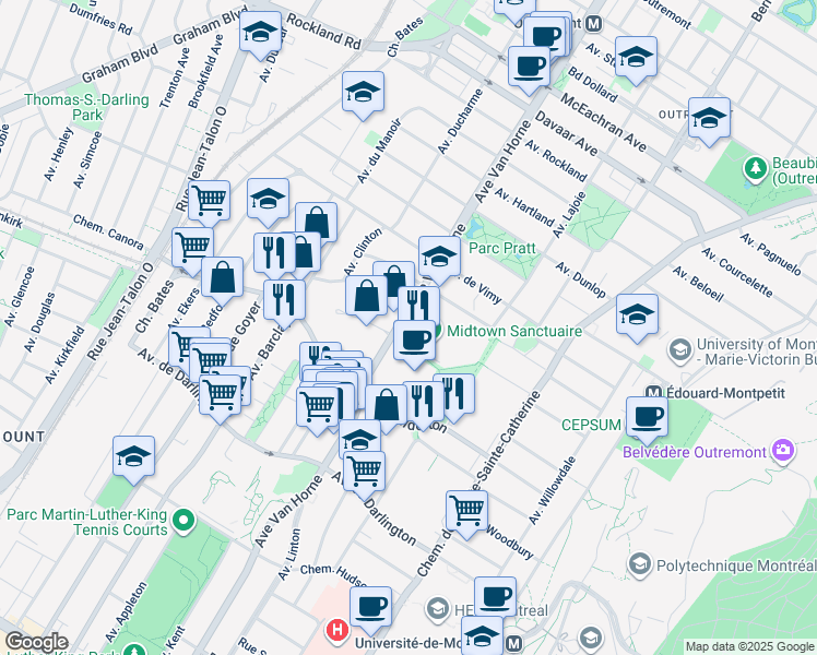 map of restaurants, bars, coffee shops, grocery stores, and more near 2120 Avenue Van Horne in Montréal