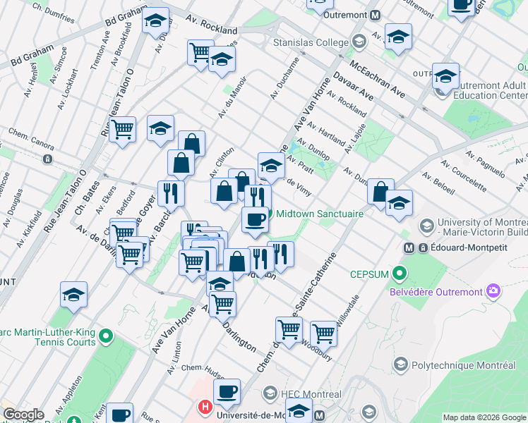 map of restaurants, bars, coffee shops, grocery stores, and more near 6111 Avenue du Boisé in Montreal