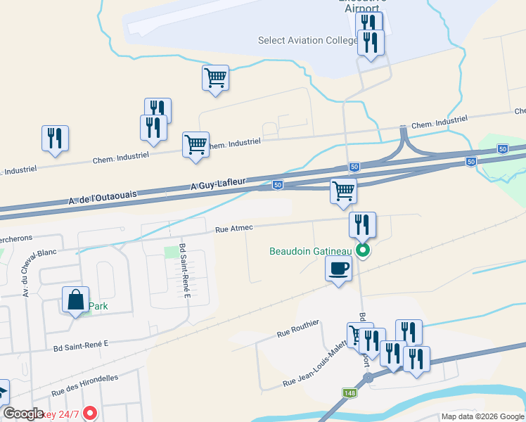 map of restaurants, bars, coffee shops, grocery stores, and more near 1665 Rue Atmec in Gatineau