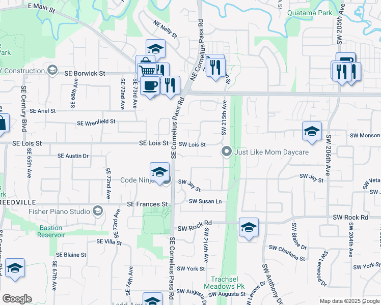map of restaurants, bars, coffee shops, grocery stores, and more near 21743 Southwest Kristin Court in Beaverton