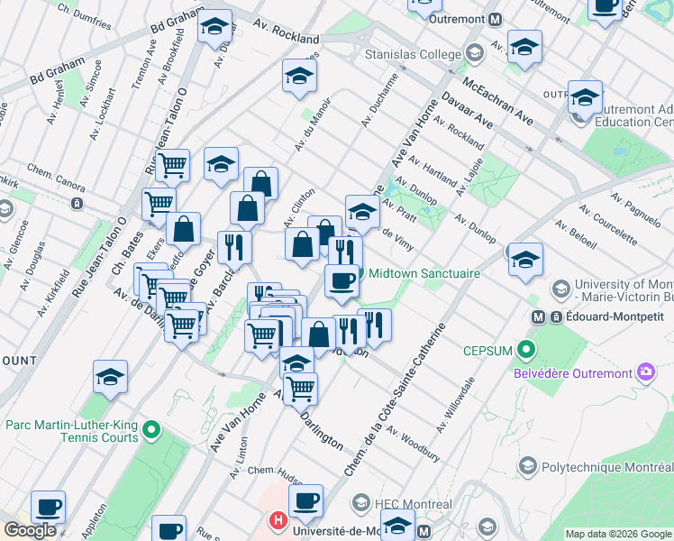 map of restaurants, bars, coffee shops, grocery stores, and more near 2120 Avenue Van Horne in Montréal