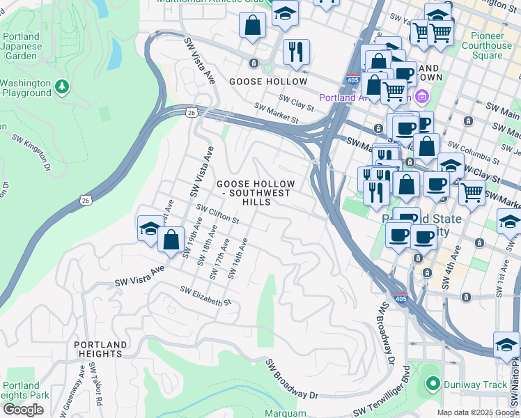 map of restaurants, bars, coffee shops, grocery stores, and more near 1984 Southwest 16th Avenue in Portland