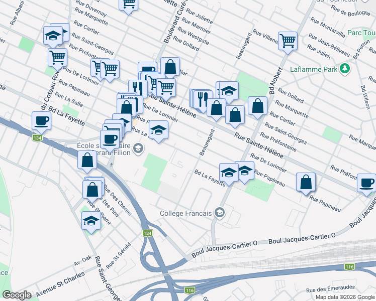 map of restaurants, bars, coffee shops, grocery stores, and more near 2129 Rue La Salle in Longueuil