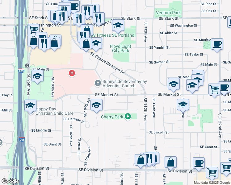 map of restaurants, bars, coffee shops, grocery stores, and more near 10844 Southeast Market Street in Portland