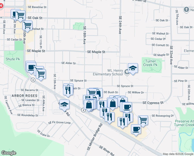map of restaurants, bars, coffee shops, grocery stores, and more near 1965 Southeast Spruce Street in Hillsboro
