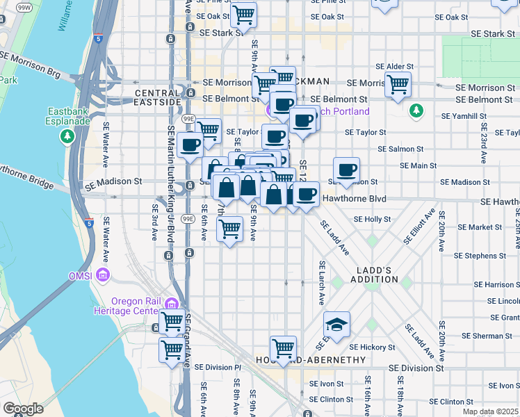 map of restaurants, bars, coffee shops, grocery stores, and more near 925 Southeast Clay Street in Portland