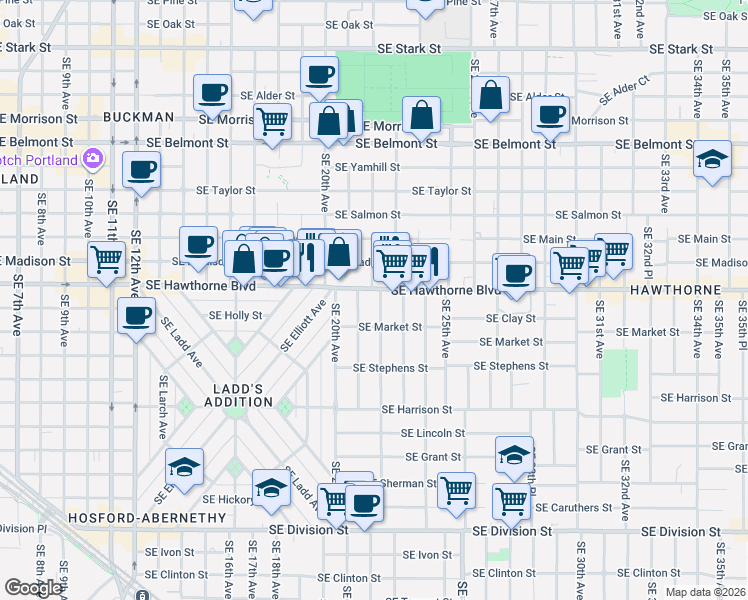 map of restaurants, bars, coffee shops, grocery stores, and more near 1515 Southeast 22nd Avenue in Portland