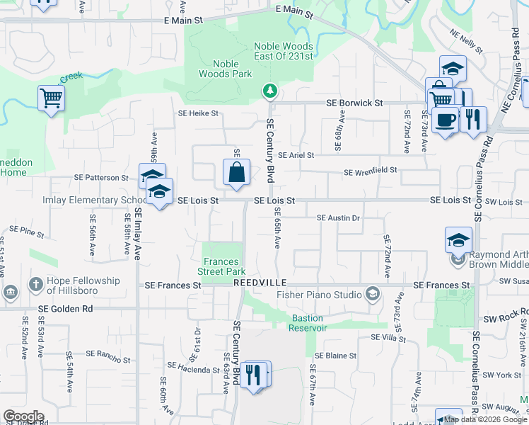map of restaurants, bars, coffee shops, grocery stores, and more near 6496 Southeast Austin Drive in Hillsboro