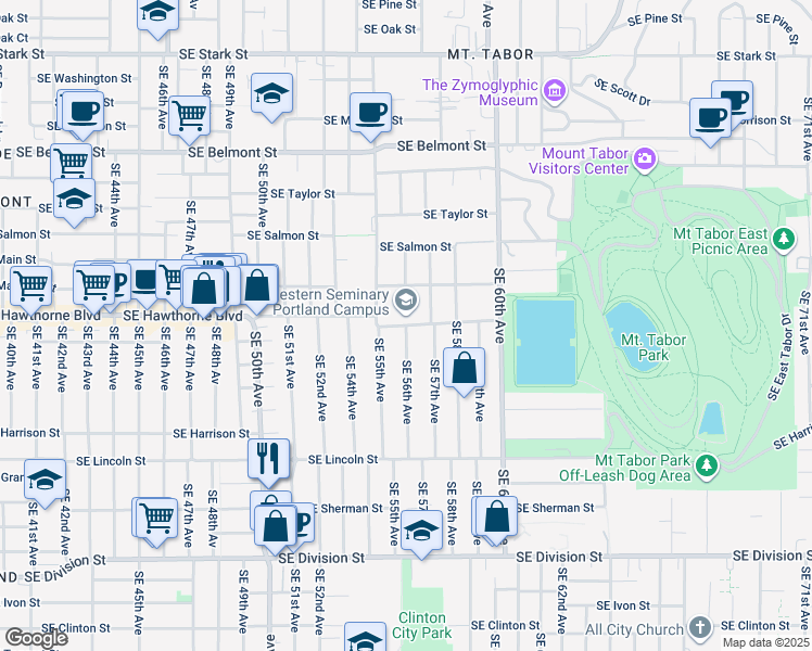 map of restaurants, bars, coffee shops, grocery stores, and more near SE Hawthorne Blvd & SE 56th Ave in Portland