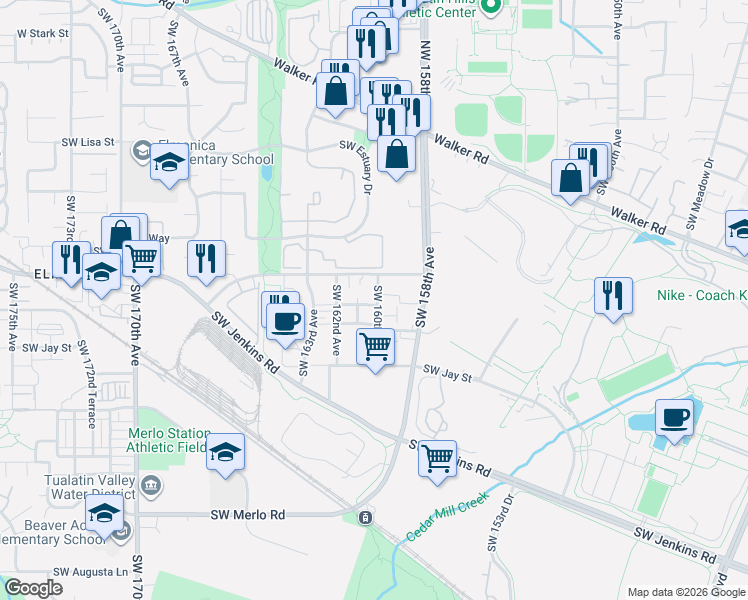 map of restaurants, bars, coffee shops, grocery stores, and more near 1117 Southwest 160th Avenue in Beaverton