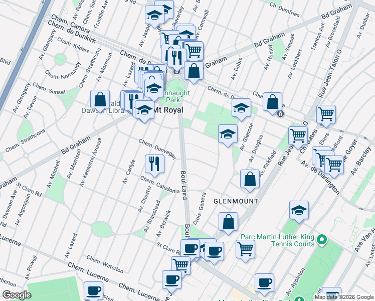map of restaurants, bars, coffee shops, grocery stores, and more near 730 Boulevard Laird in Mont-Royal