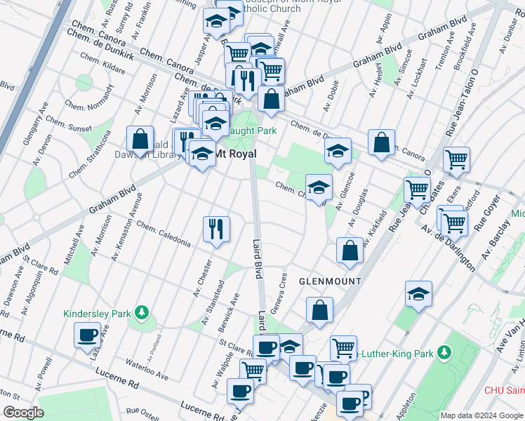 map of restaurants, bars, coffee shops, grocery stores, and more near 730 Boulevard Laird in Mont-Royal