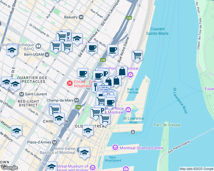 map of restaurants, bars, coffee shops, grocery stores, and more near 756 Rue Berri in Montréal