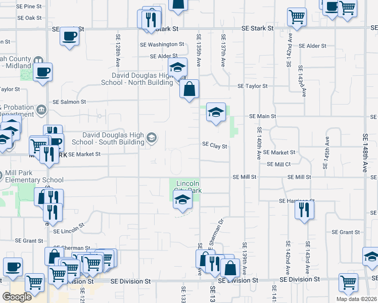map of restaurants, bars, coffee shops, grocery stores, and more near 13334 Southeast Clay Street in Portland