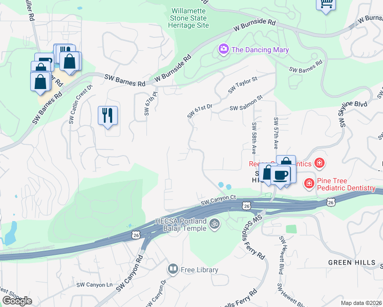 map of restaurants, bars, coffee shops, grocery stores, and more near 1521 Southwest 61st Drive in Portland