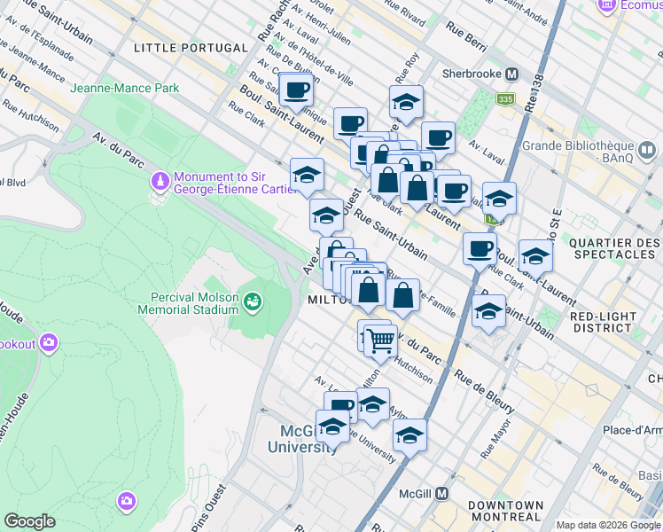 map of restaurants, bars, coffee shops, grocery stores, and more near 3700 Jeanne-Mance Street in Montreal