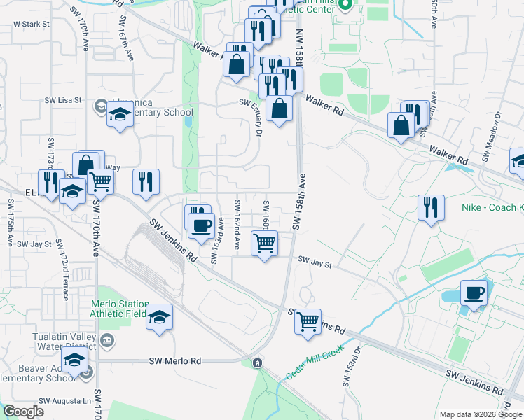 map of restaurants, bars, coffee shops, grocery stores, and more near 1117 Southwest 160th Avenue in Beaverton