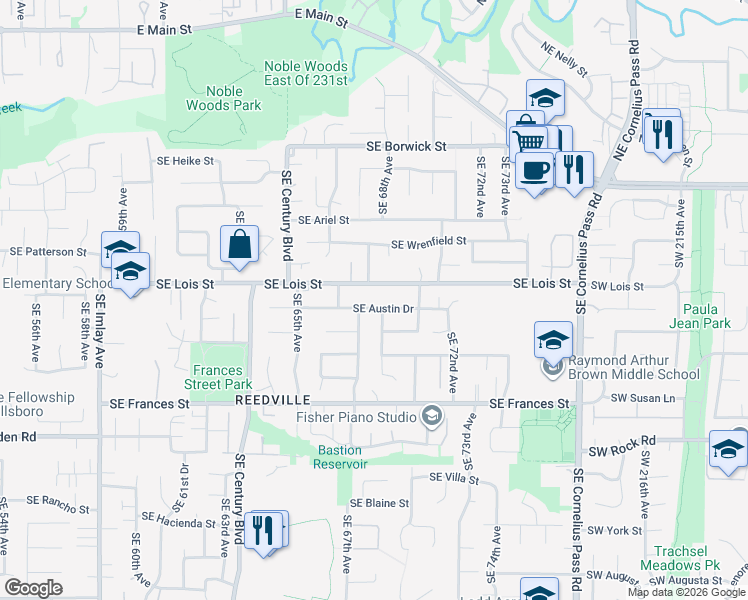 map of restaurants, bars, coffee shops, grocery stores, and more near 6789 Southeast Austin Drive in Hillsboro