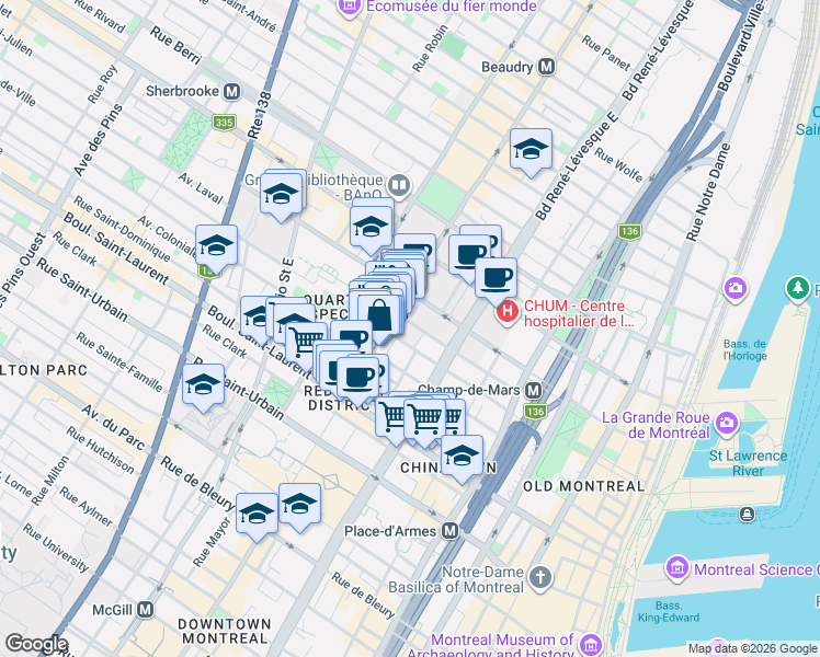 map of restaurants, bars, coffee shops, grocery stores, and more near 1256 Rue Sainte-Elisabeth in Montréal